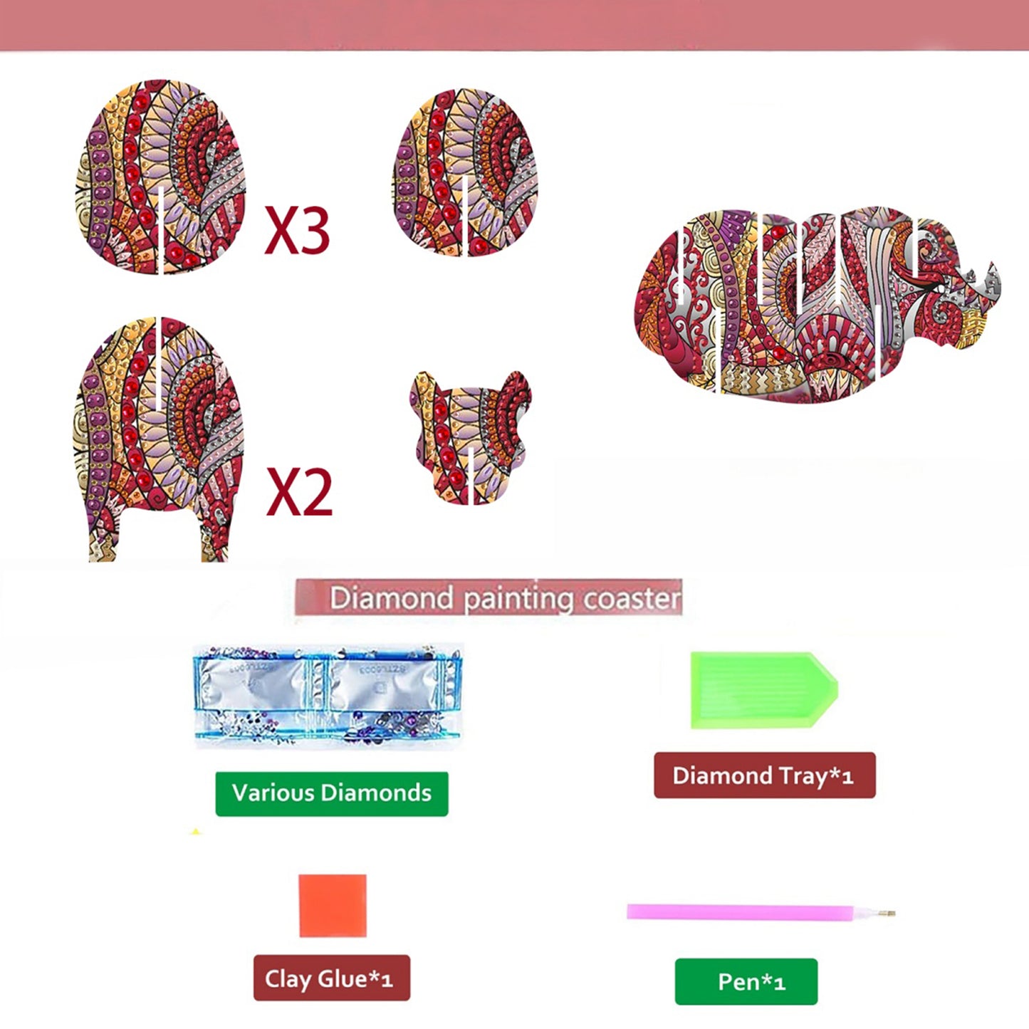Rhino 5D DIY Animal Pattern Diamond Painting Coasters Kits with Holder for Home