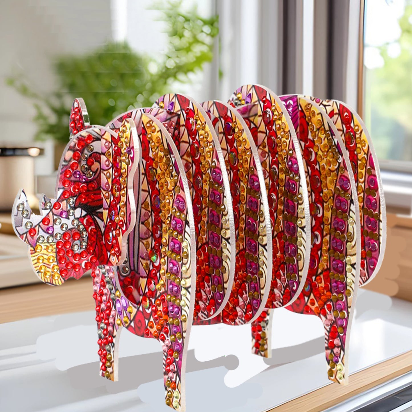 Rhino 5D DIY Animal Pattern Diamond Painting Coasters Kits with Holder for Home