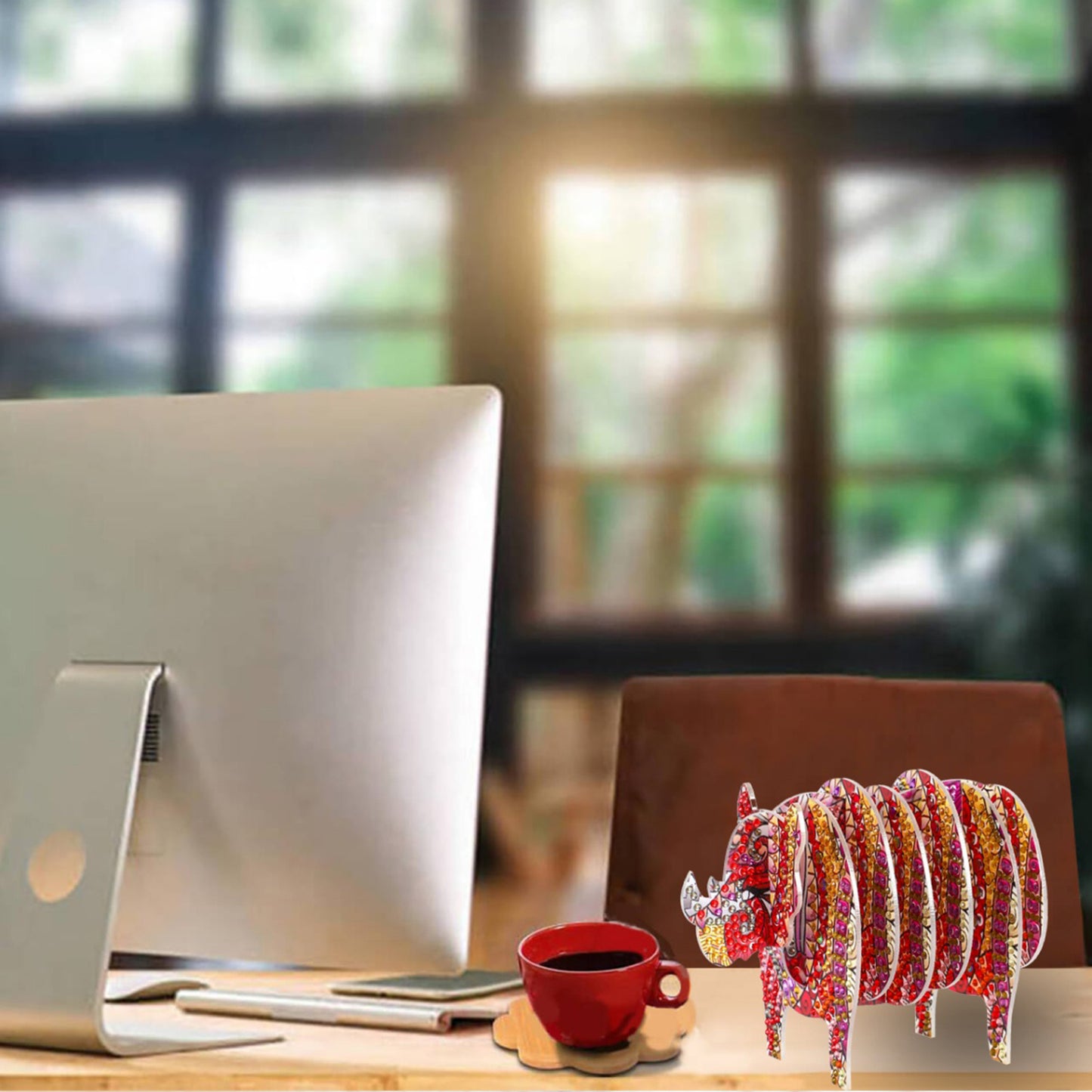 Rhino 5D DIY Animal Pattern Diamond Painting Coasters Kits with Holder for Home