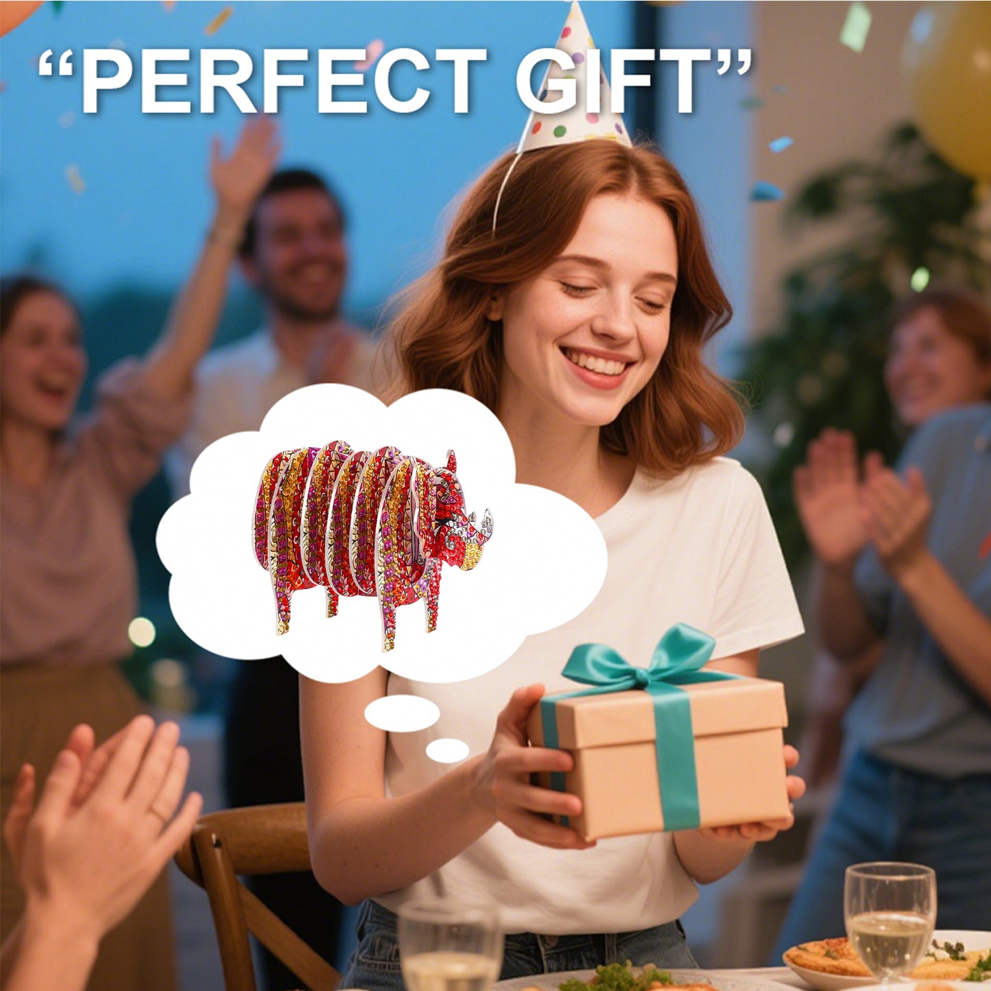 Rhino 5D DIY Animal Pattern Diamond Painting Coasters Kits with Holder for Home