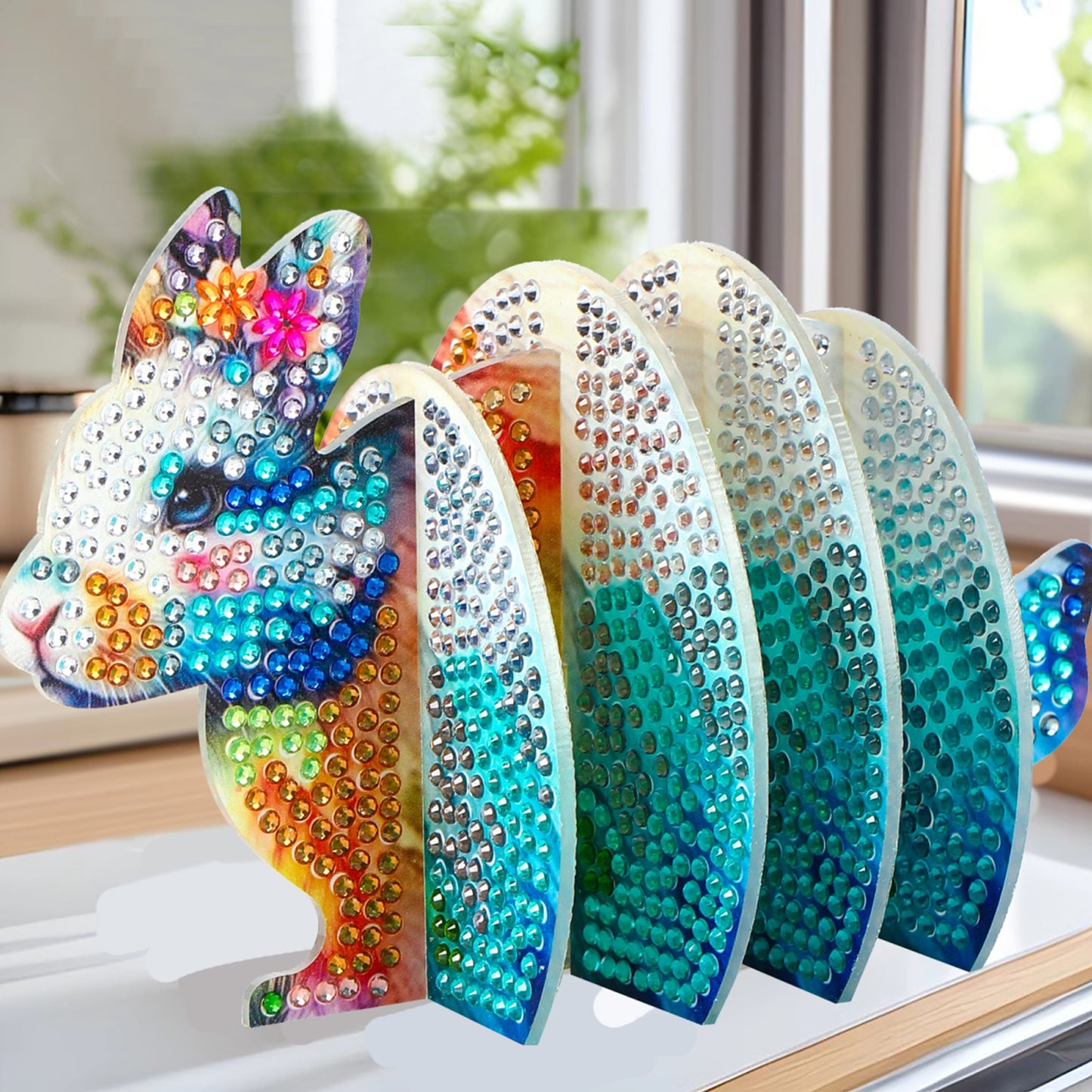 Blue Rabbit 5D DIY Animal Pattern Diamond Painting Coasters Kits with Holder