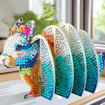 Blue Rabbit 5D DIY Animal Pattern Diamond Painting Coasters Kits with Holder