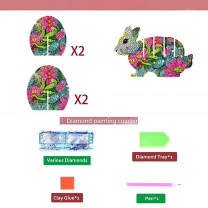 Pink Rabbit 5D DIY Animal Pattern Diamond Painting Coasters Kits with Holder
