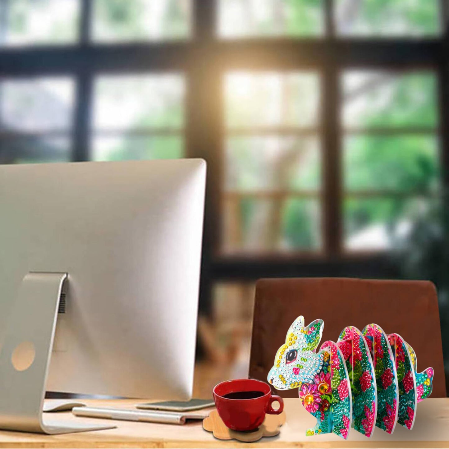 Pink Rabbit 5D DIY Animal Pattern Diamond Painting Coasters Kits with Holder