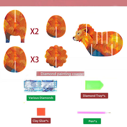 Lion 5D DIY Animal Pattern Diamond Painting Coasters Kits with Holder for Home