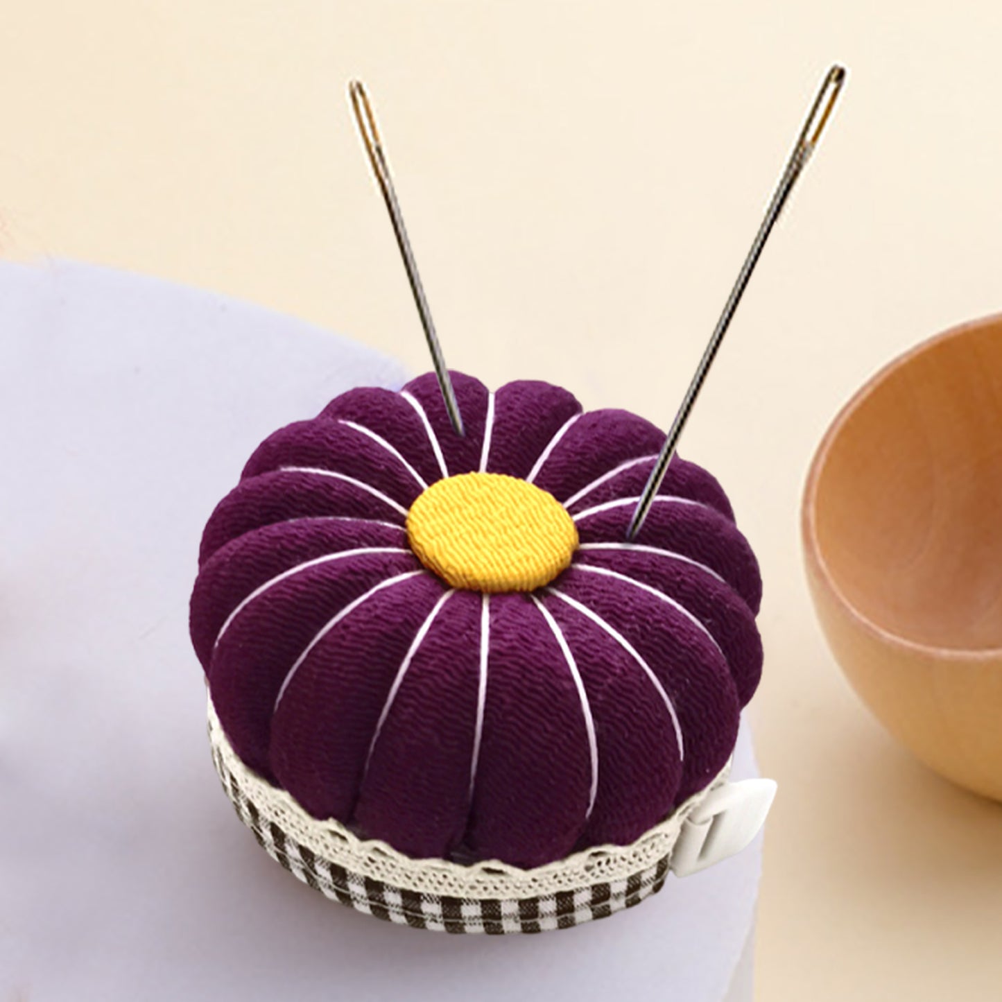 Needlework Pin Insert Cushion with Measuring Tape Pumpkin Needle Holder (Purple)