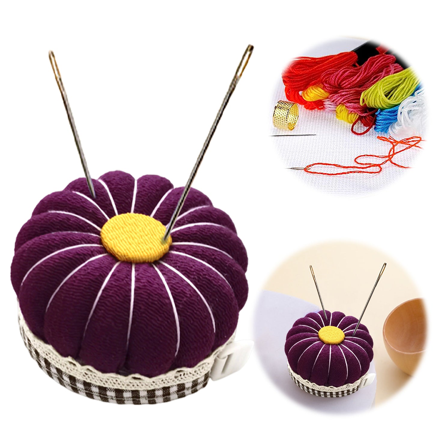 Needlework Pin Insert Cushion with Measuring Tape Pumpkin Needle Holder (Purple)