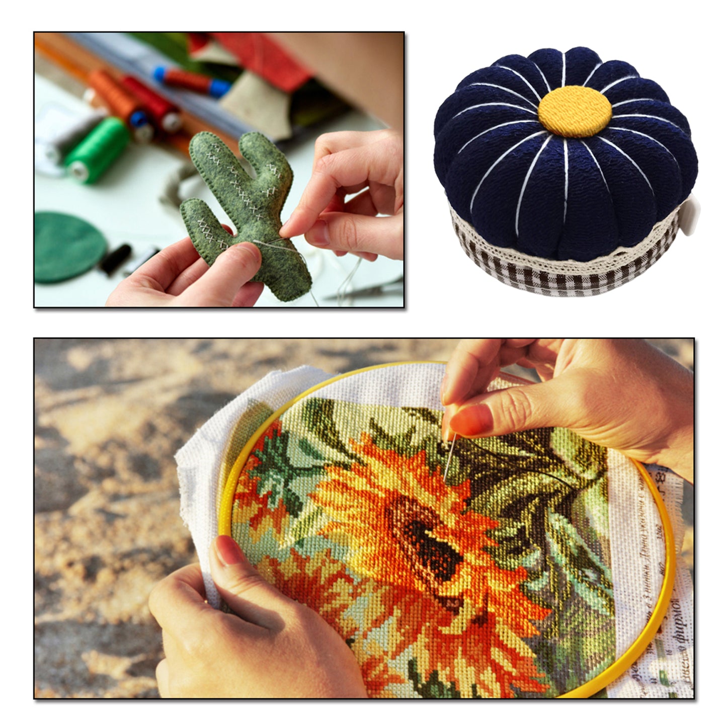 Needlework Pin Insert Cushion w/Measuring Tape Pumpkin Needle Holder (Dark Blue)