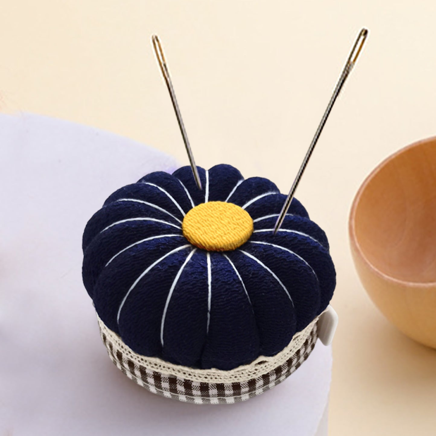 Needlework Pin Insert Cushion w/Measuring Tape Pumpkin Needle Holder (Dark Blue)