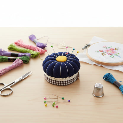 Needlework Pin Insert Cushion w/Measuring Tape Pumpkin Needle Holder (Dark Blue)