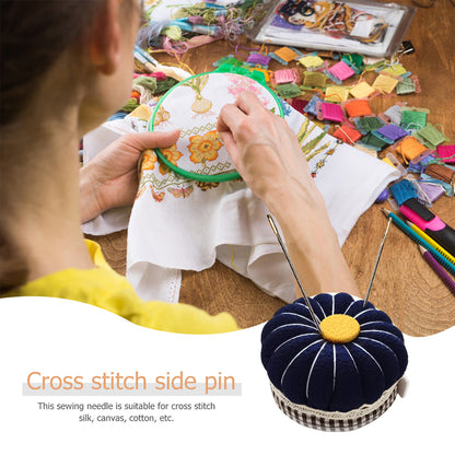 Needlework Pin Insert Cushion w/Measuring Tape Pumpkin Needle Holder (Dark Blue)