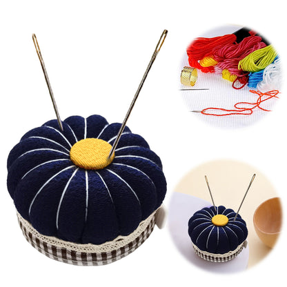 Needlework Pin Insert Cushion w/Measuring Tape Pumpkin Needle Holder (Dark Blue)