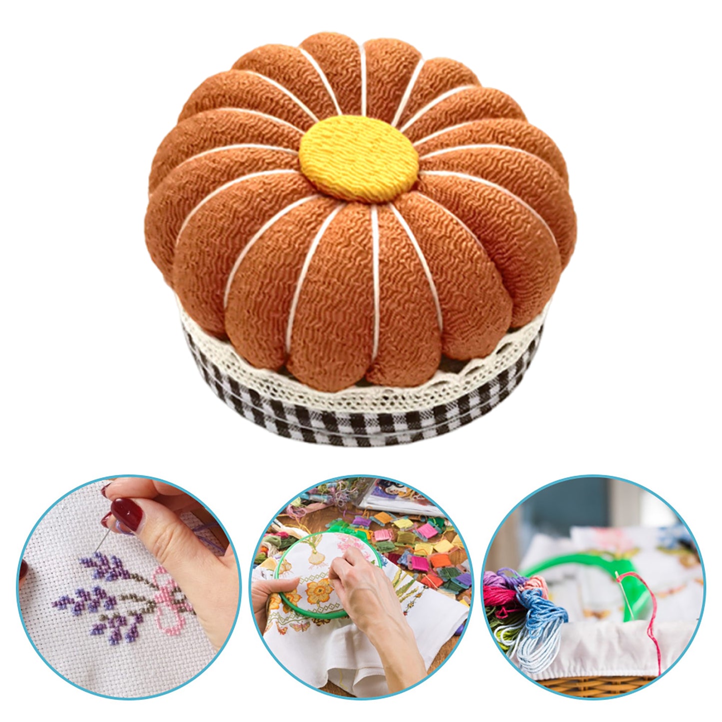 Needlework Pin Insert Cushion with Measuring Tape Pumpkin Needle Holder (Orange)