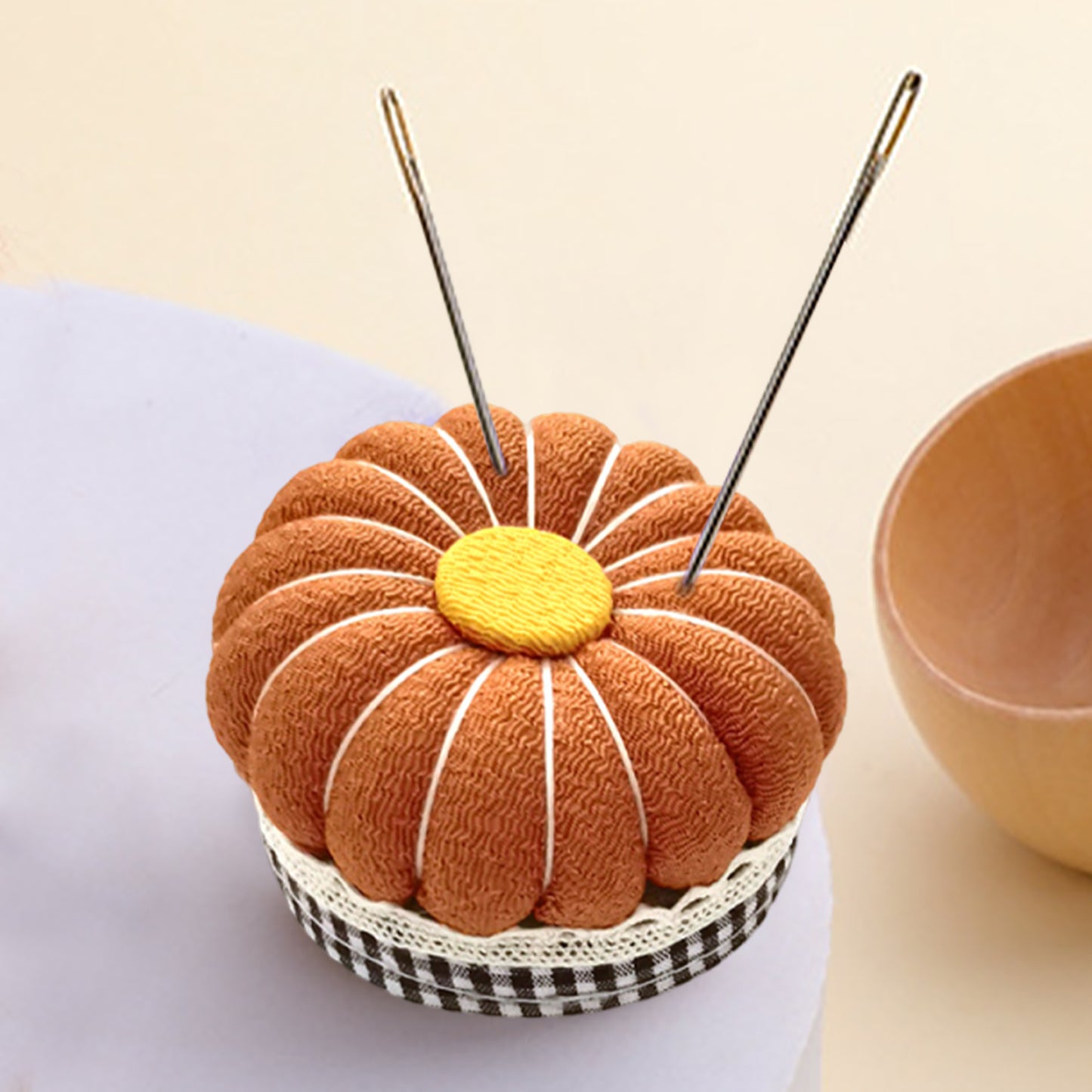 Needlework Pin Insert Cushion with Measuring Tape Pumpkin Needle Holder (Orange)