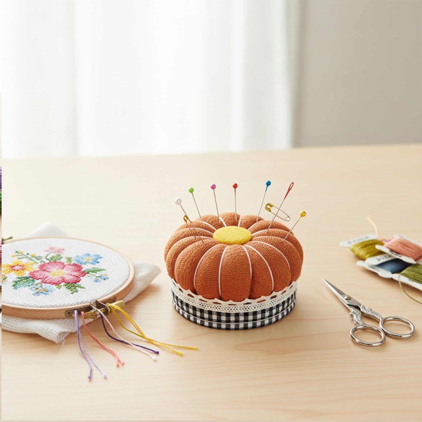 Needlework Pin Insert Cushion with Measuring Tape Pumpkin Needle Holder (Orange)