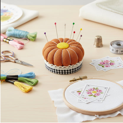 Needlework Pin Insert Cushion with Measuring Tape Pumpkin Needle Holder (Orange)