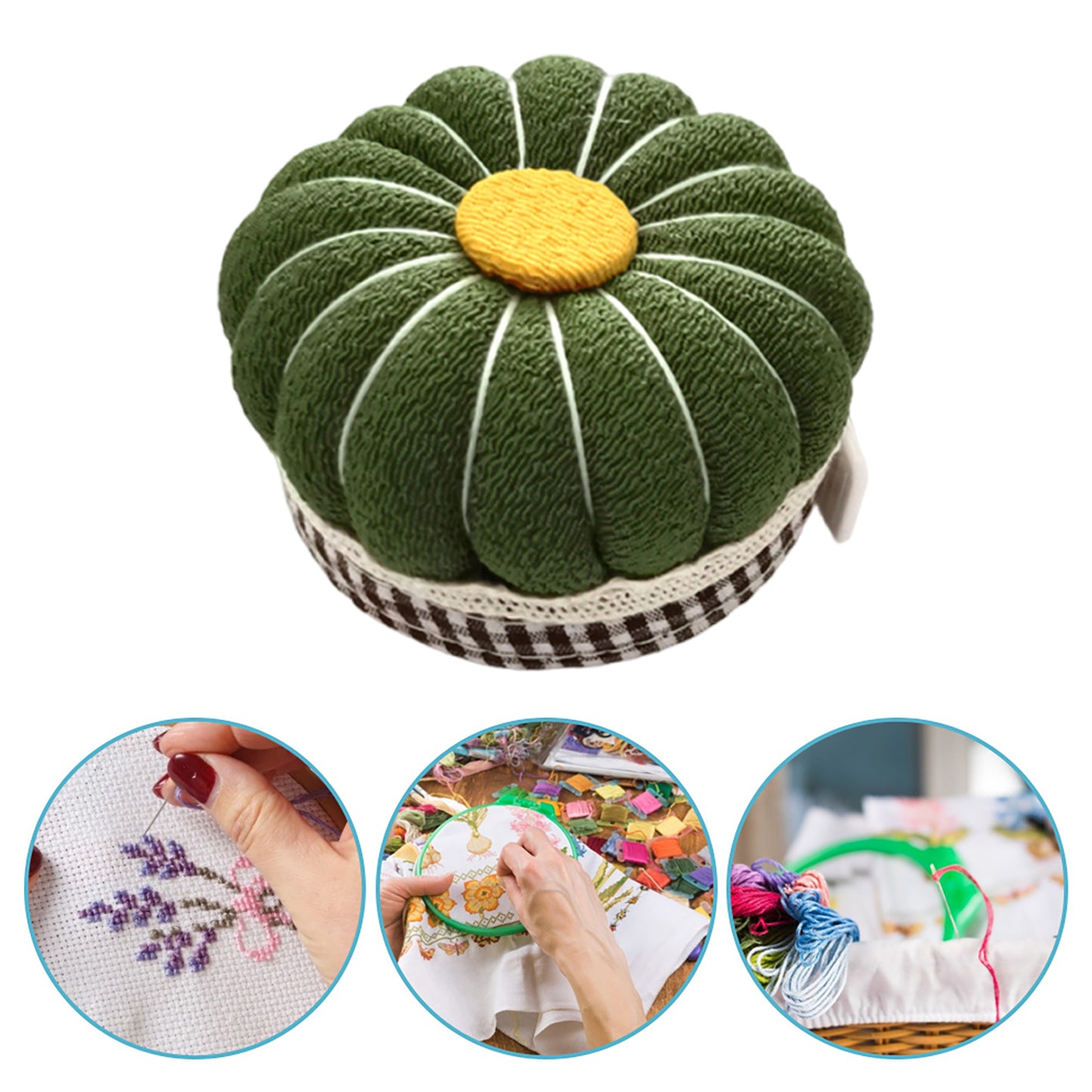 Needlework Pin Insert Cushion with Measuring Tape Pumpkin Needle Holder (Green)