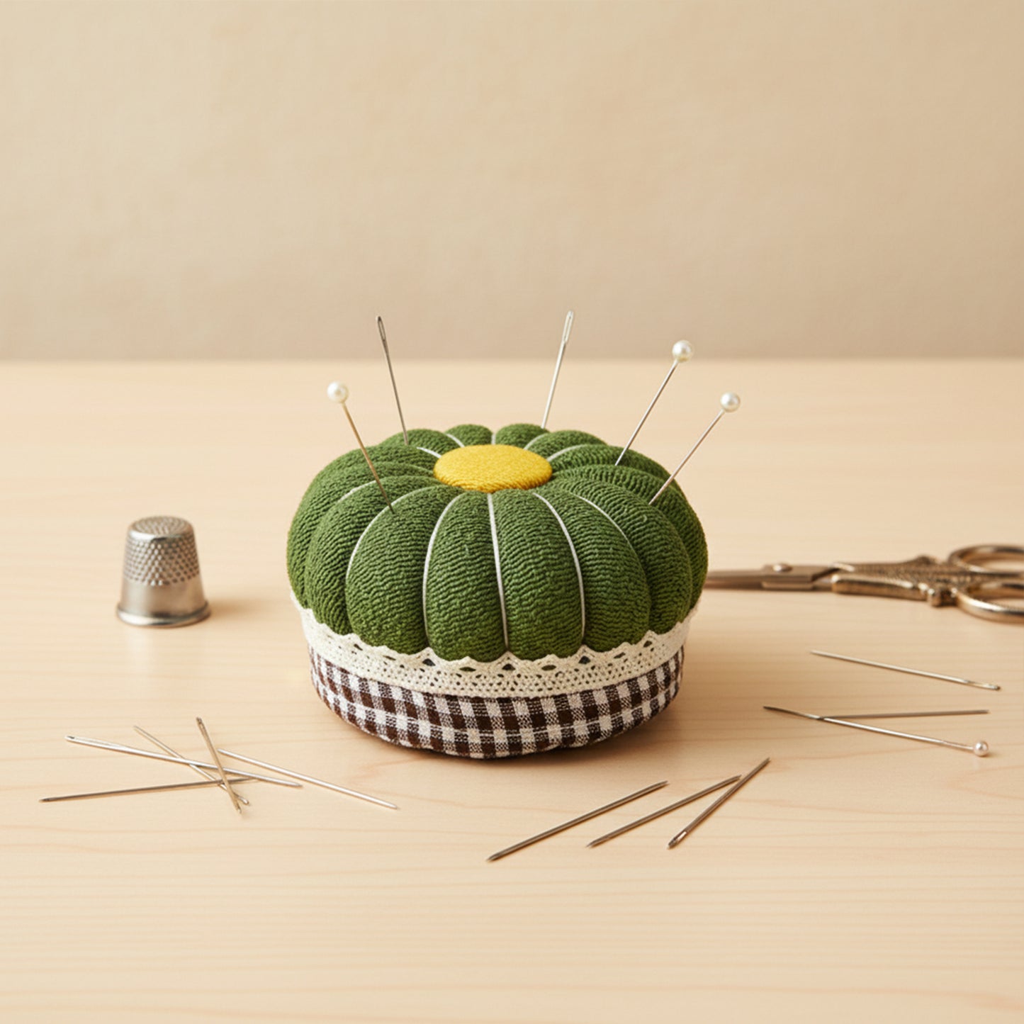 Needlework Pin Insert Cushion with Measuring Tape Pumpkin Needle Holder (Green)