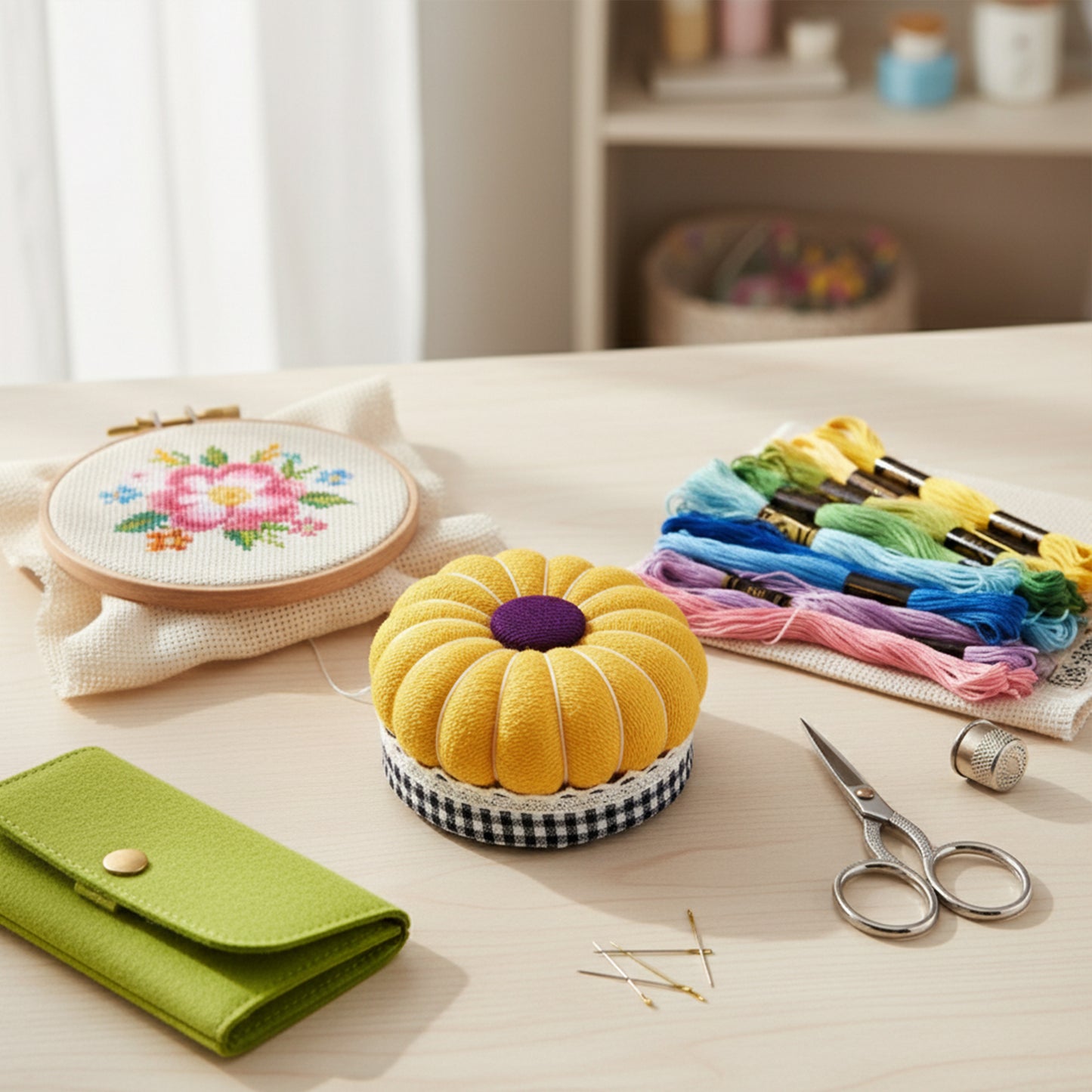 Needlework Pin Insert Cushion with Measuring Tape Pumpkin Needle Holder (Yellow)