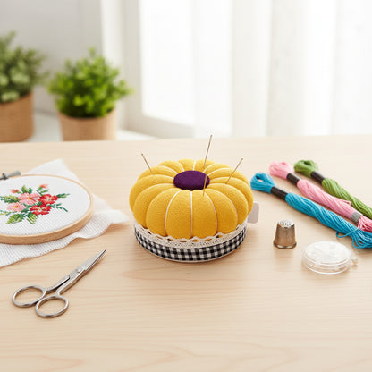 Needlework Pin Insert Cushion with Measuring Tape Pumpkin Needle Holder (Yellow)
