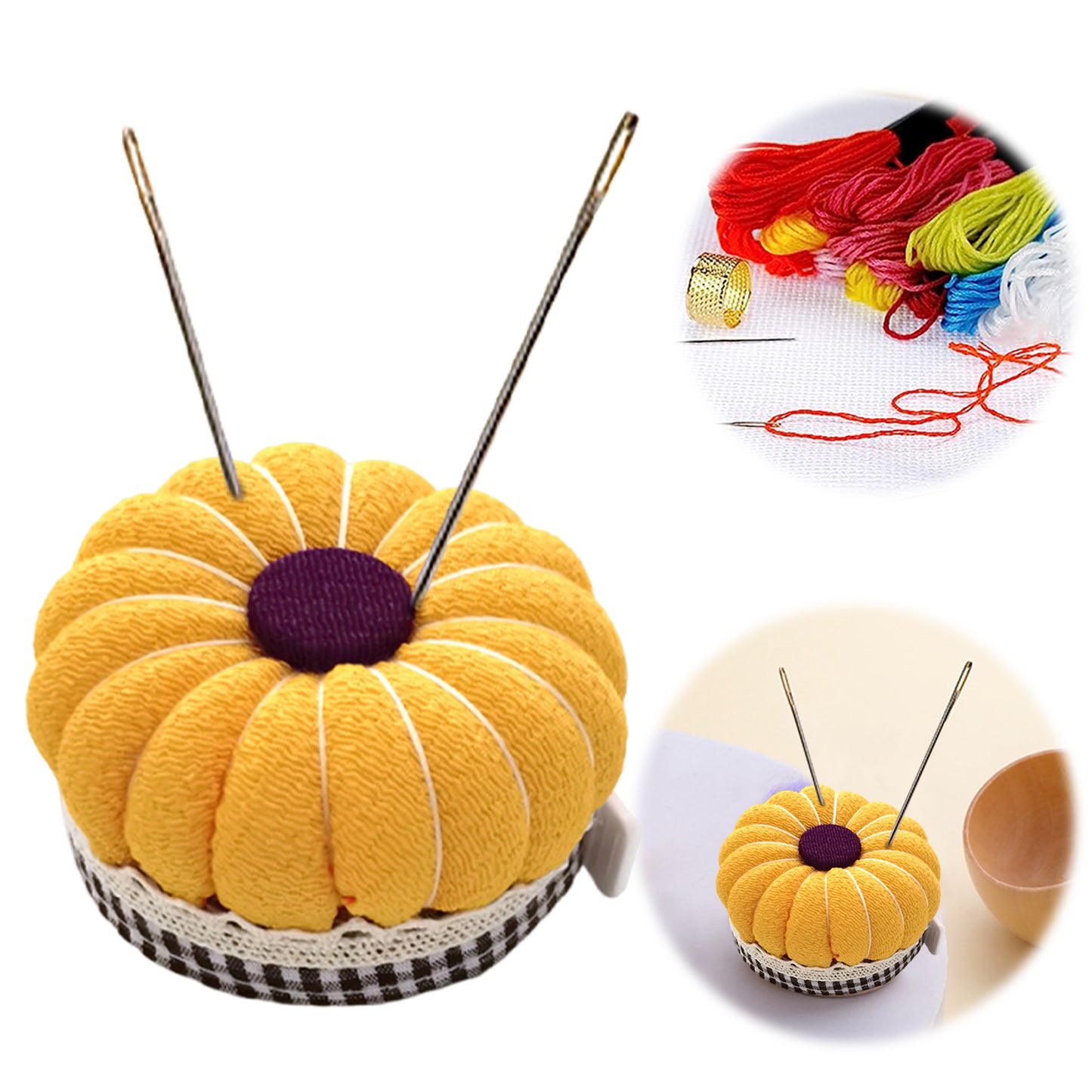 Needlework Pin Insert Cushion with Measuring Tape Pumpkin Needle Holder (Yellow)