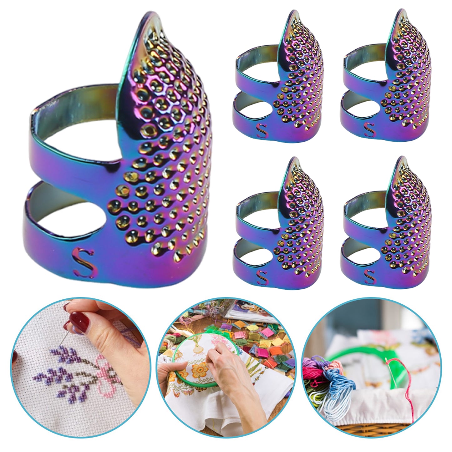 5Pcs Cross-Stitch Tools Retro Adjustable Thimble Sewing Ring (Vibrant Colors S)