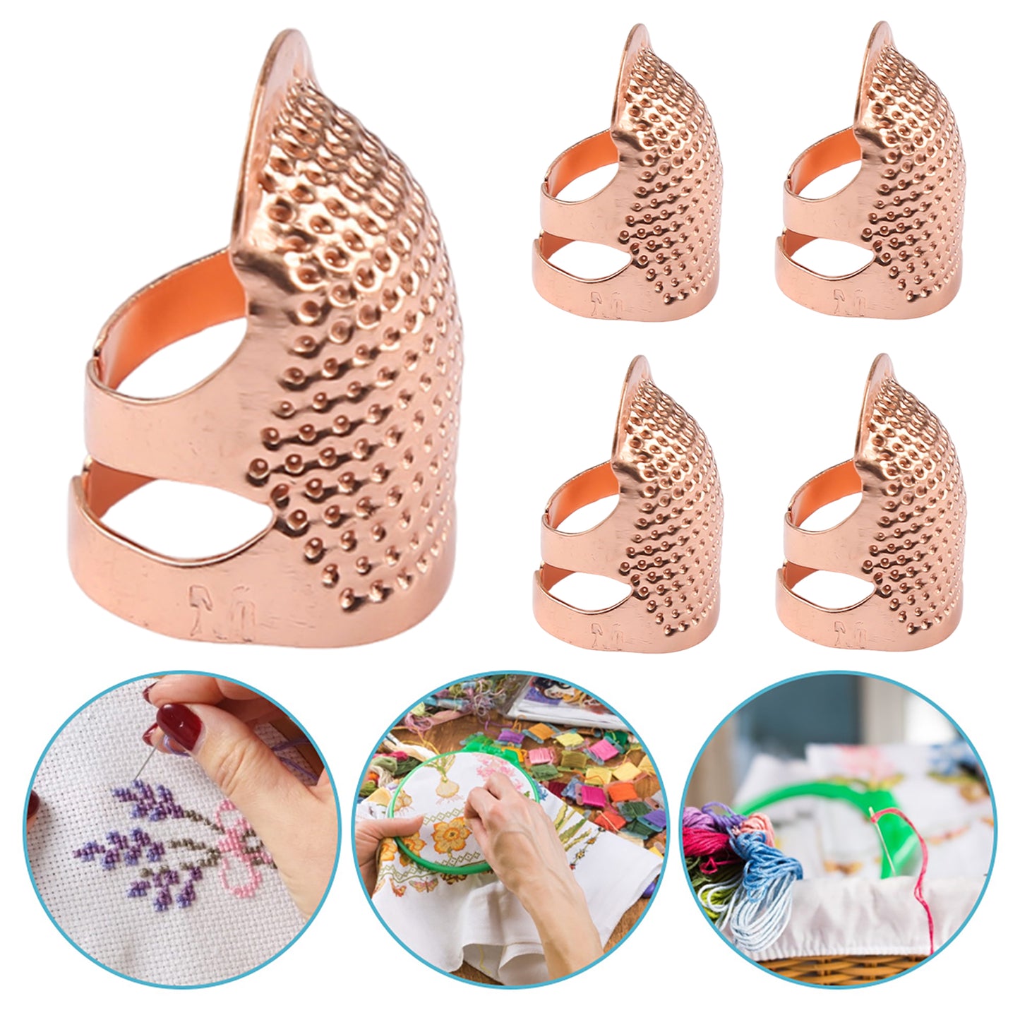 5Pcs Cross-Stitch Tools Retro Adjustable Thimble Hand Sewing Ring (Rose Gold M)
