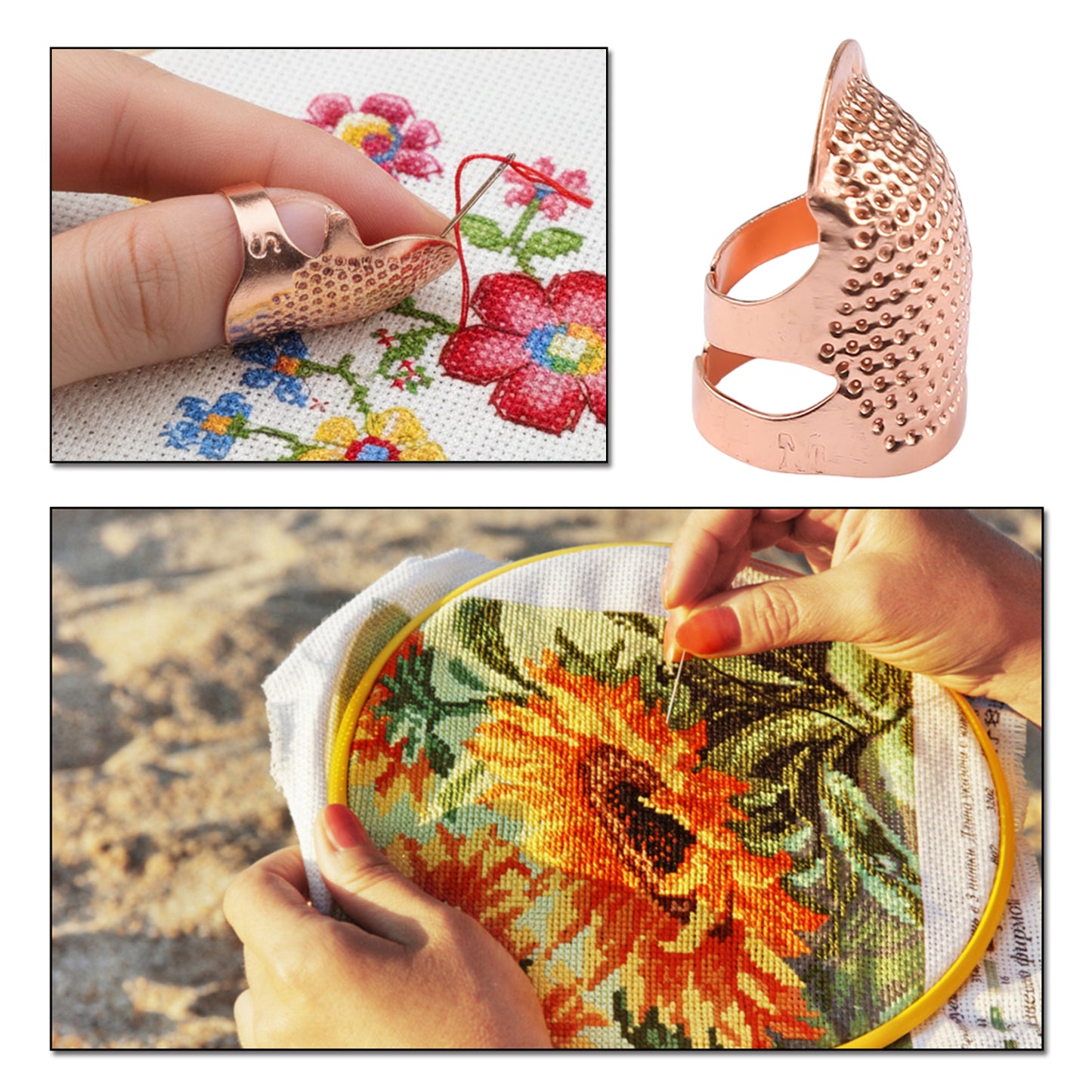 5Pcs Cross-Stitch Tools Retro Adjustable Thimble Hand Sewing Ring (Rose Gold M)