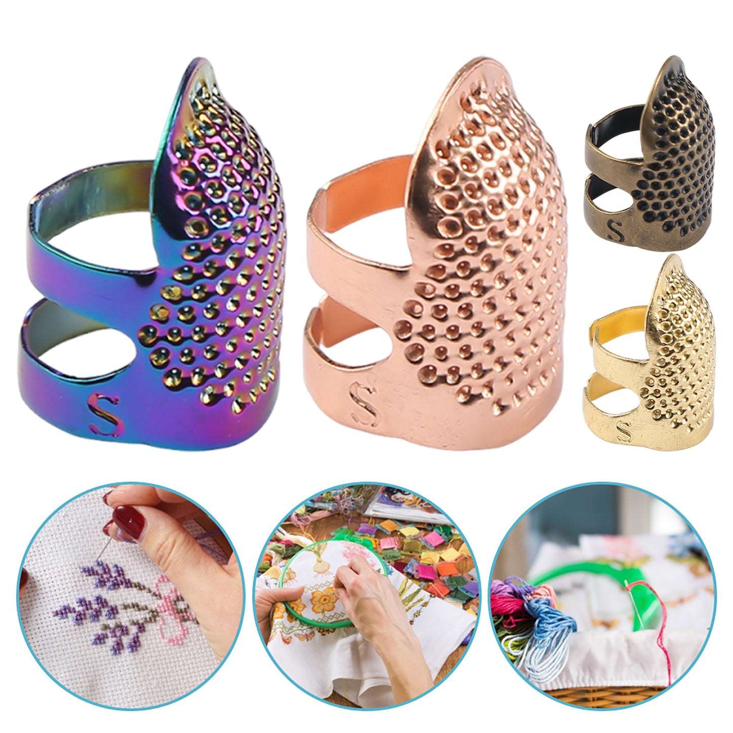 4Pcs Cross-Stitch Tools Retro Adjustable Thimble Hand Sewing Ring (Colored M)