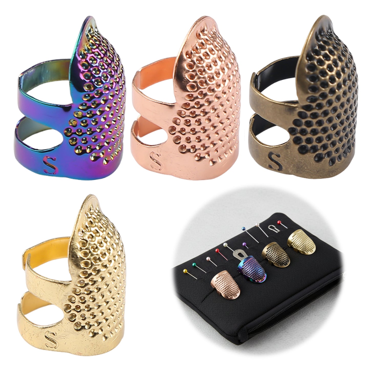 4Pcs Cross-Stitch Tools Retro Adjustable Thimble Hand Sewing Ring (Colored M)