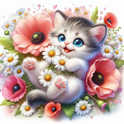 Cat And Daisy - Full Round Drill Diamond Painting 30*30CM