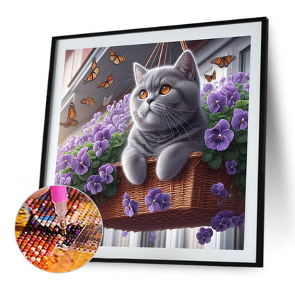 Blue Cat And Flowers - Full Round Drill Diamond Painting 30*30CM