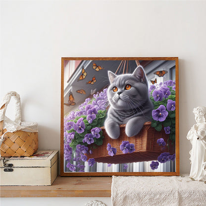 Blue Cat And Flowers - Full Round Drill Diamond Painting 30*30CM