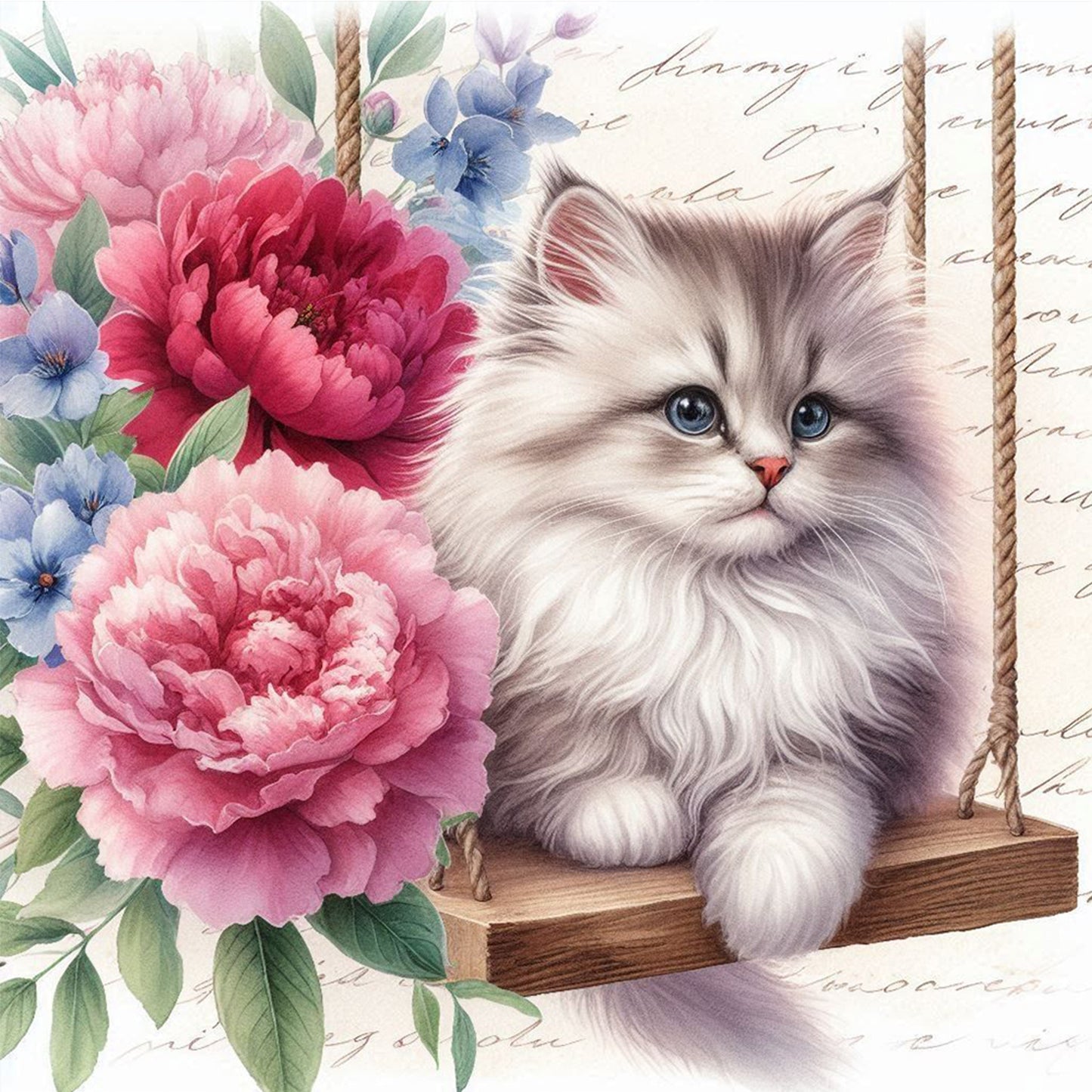 Cat And Peony - Full Round Drill Diamond Painting 30*30CM