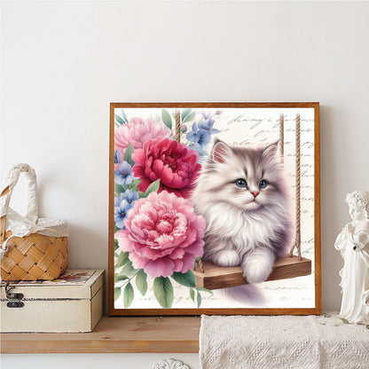 Cat And Peony - Full Round Drill Diamond Painting 30*30CM