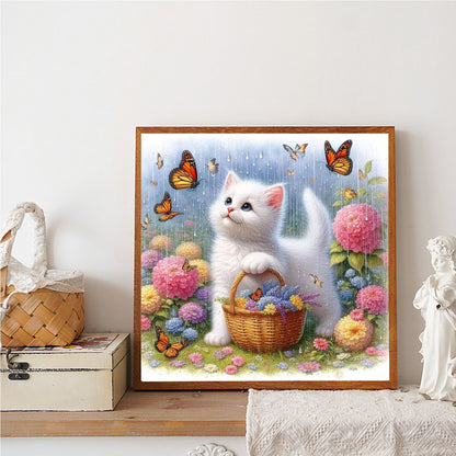 Cat And Hydrangea - Full Round Drill Diamond Painting 30*30CM