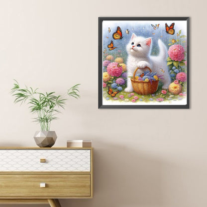 Cat And Hydrangea - Full Round Drill Diamond Painting 30*30CM