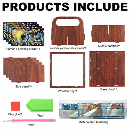 DIY Peacock Feather Wooden Diamond Painting Handheld Storage Box Kit Home Decor