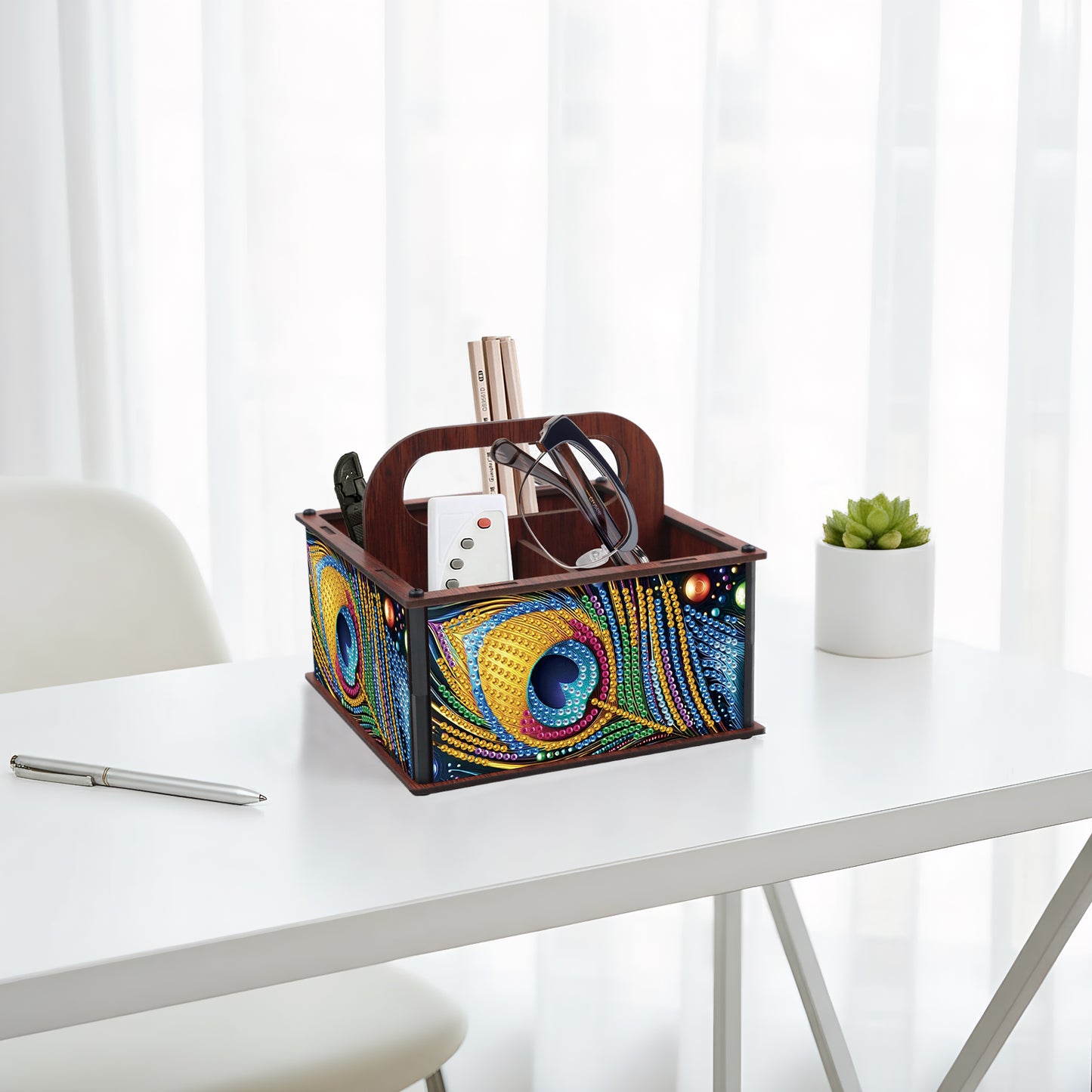 DIY Peacock Feather Wooden Diamond Painting Handheld Storage Box Kit Home Decor