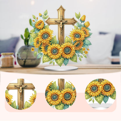 2D Flat Cross and Sunflower DIY Acrylic Diamond Painting Ornament Kit Home Decor