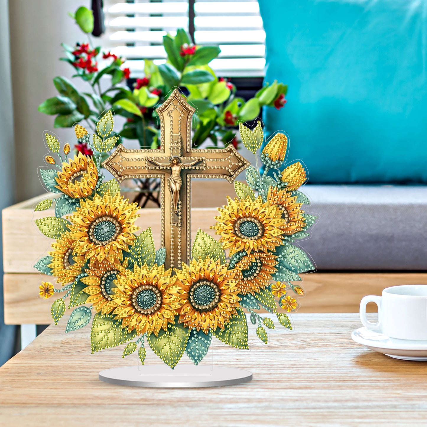 2D Flat Cross and Sunflower DIY Acrylic Diamond Painting Ornament Kit Home Decor