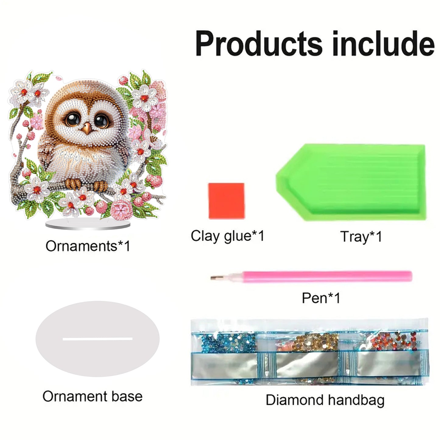 2D Flat Owls and Flowers DIY Acrylic Diamond Painting Ornaments Kit Home Decor