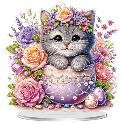 2D Flat Cat and Flower DIY Acrylic Diamond Painting Ornaments Kit Home Decor
