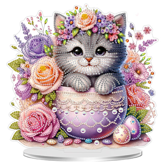 2D Flat Cat and Flower DIY Acrylic Diamond Painting Ornaments Kit Home Decor