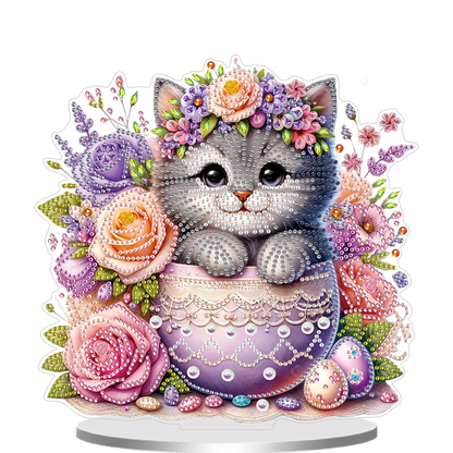 2D Flat Cat and Flower DIY Acrylic Diamond Painting Ornaments Kit Home Decor