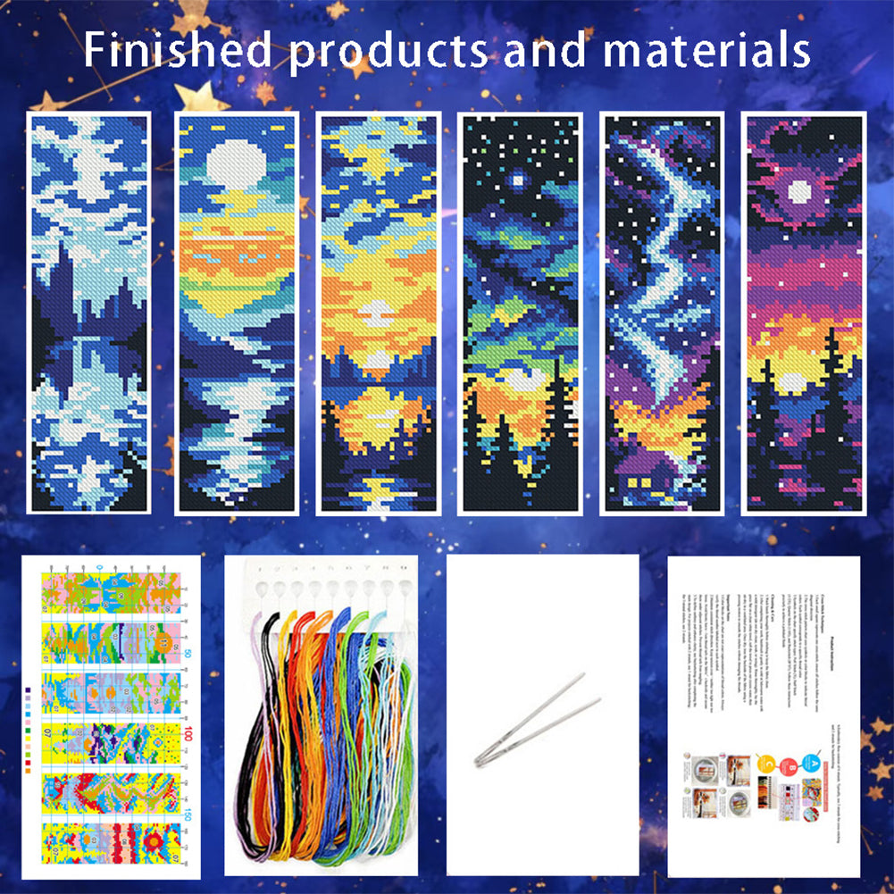 6Pcs Landscape DIY Cotton Single-Sided Stamped Needlepoint Bookmark Kit 47x28cm