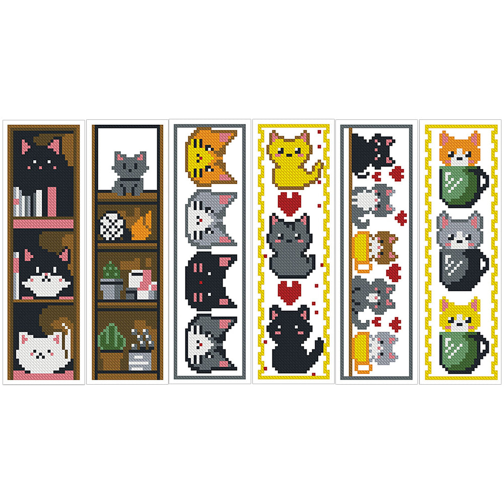 6Pcs Cat DIY Cotton Single-Sided Stamped Needlepoint Bookmark Kit 47x28cm