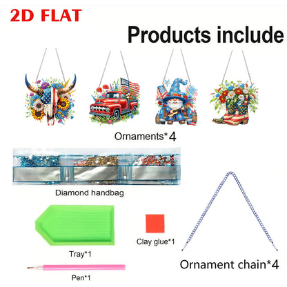 4pcs Independence Day 2D Flat DIY Acrylic Diamond Art Pendant Single Side Drill
