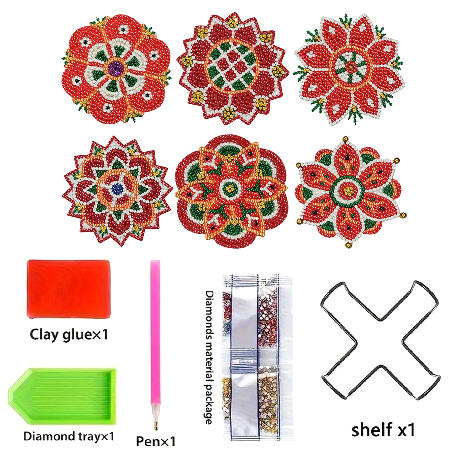 6pcs Pattern Wooden DIY Coaster Diamond Art Kits with Holder No-Slip Home Decor