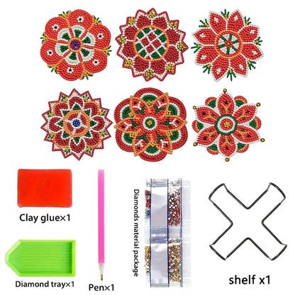 6pcs Pattern Wooden DIY Coaster Diamond Art Kits with Holder No-Slip Home Decor